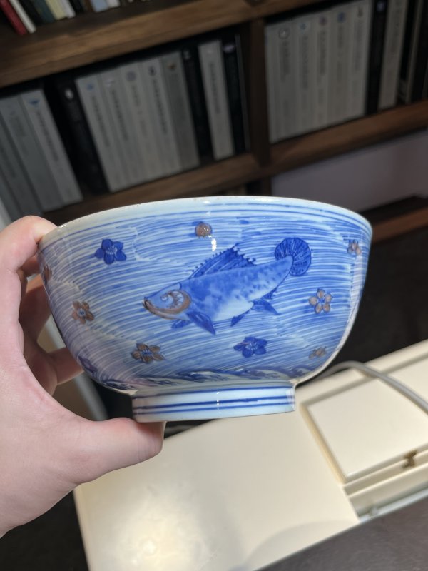 清康熙 青花釉里红鱼藻纹大碗 - 图7
