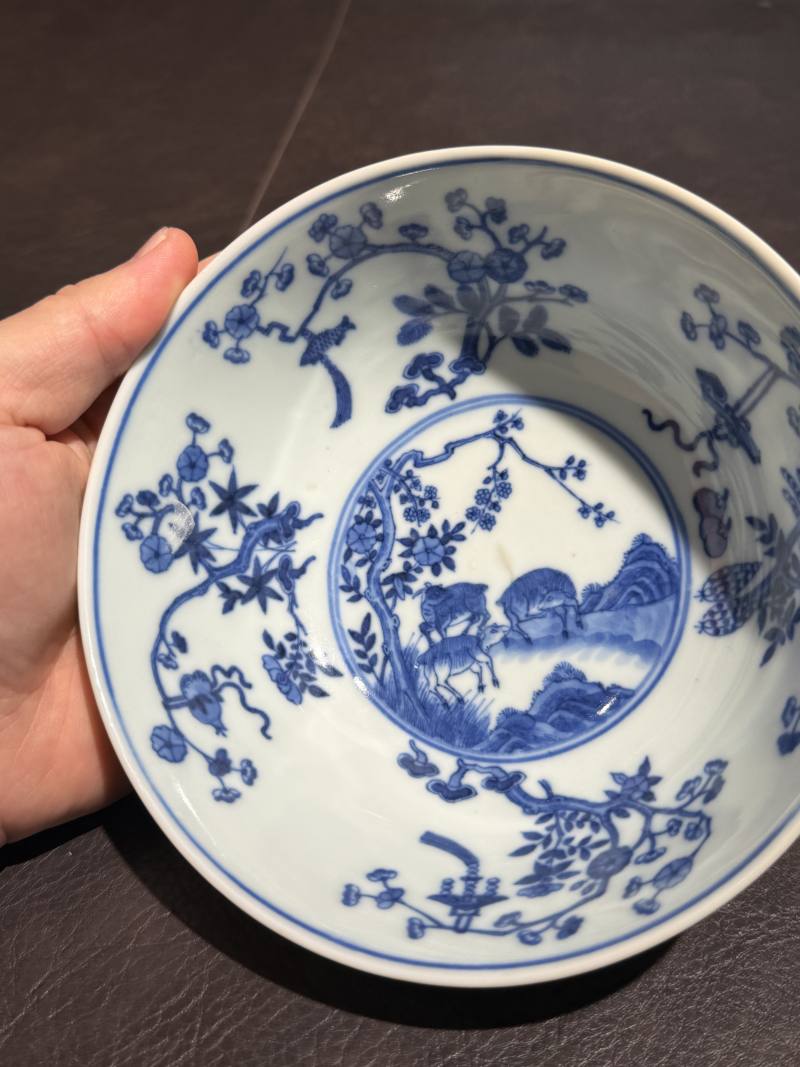 清光绪 内青花外黄地轧道粉彩开光三羊开泰图膳碗 - 图14