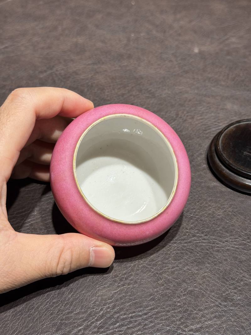 清光绪 胭脂水釉苹果水盂（配老盖、木座） - 图9