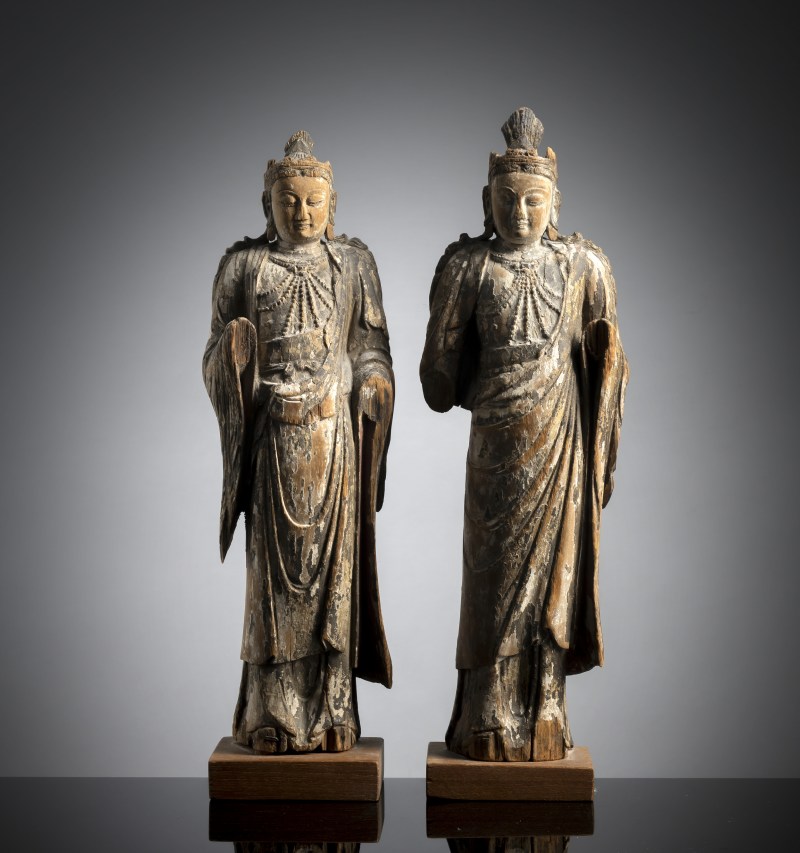 TWO WOOD FIGURES OF BODHISATTVAS