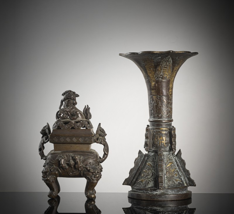 A bronze censer and a part-gilt 'gu'-shaped bronze vase