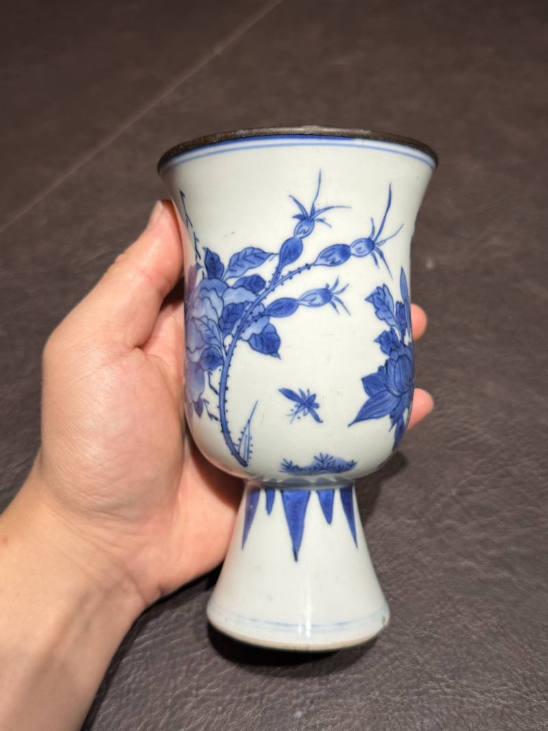 明崇祯 青花花卉纹高足杯 - 图8