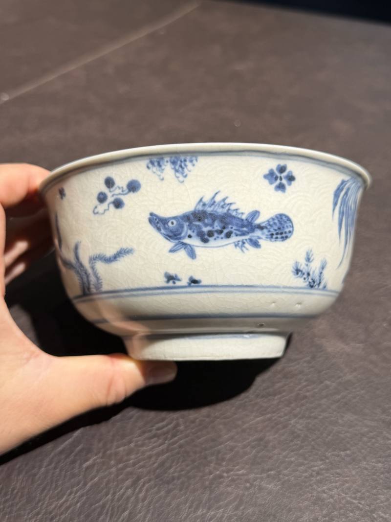明空白期 青花暗刻海水鱼藻纹碗 - 图3