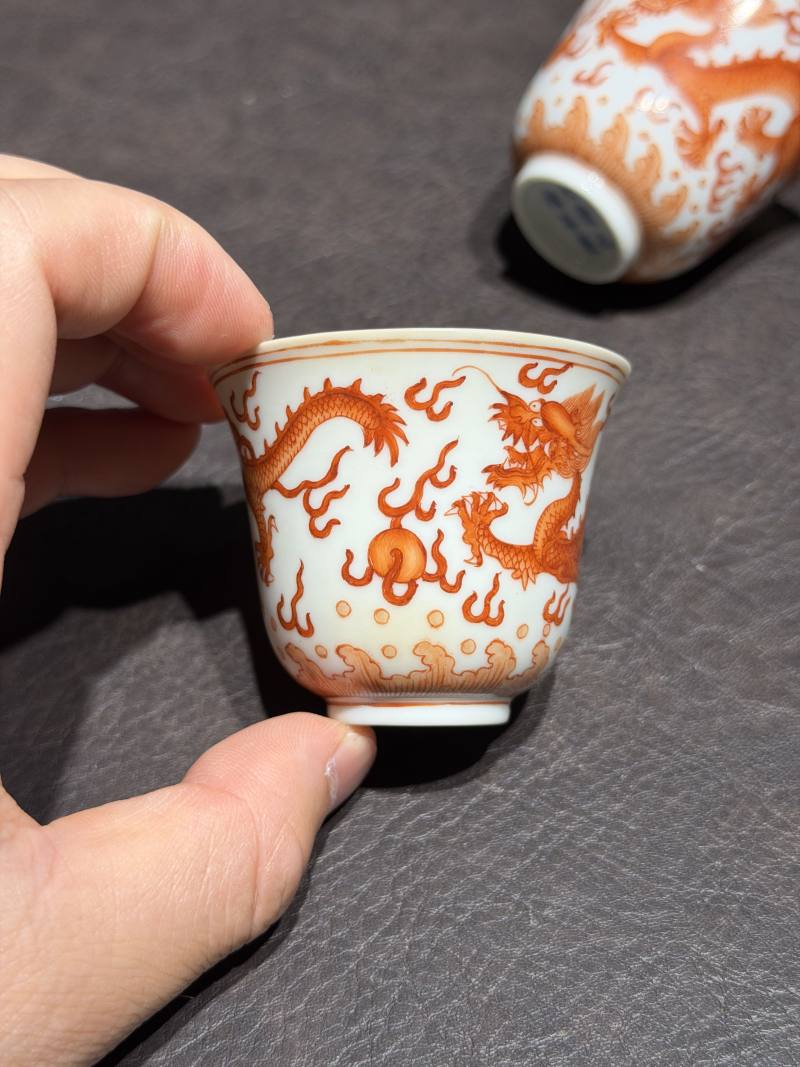 清光绪 矾红龙纹杯一对 - 图7