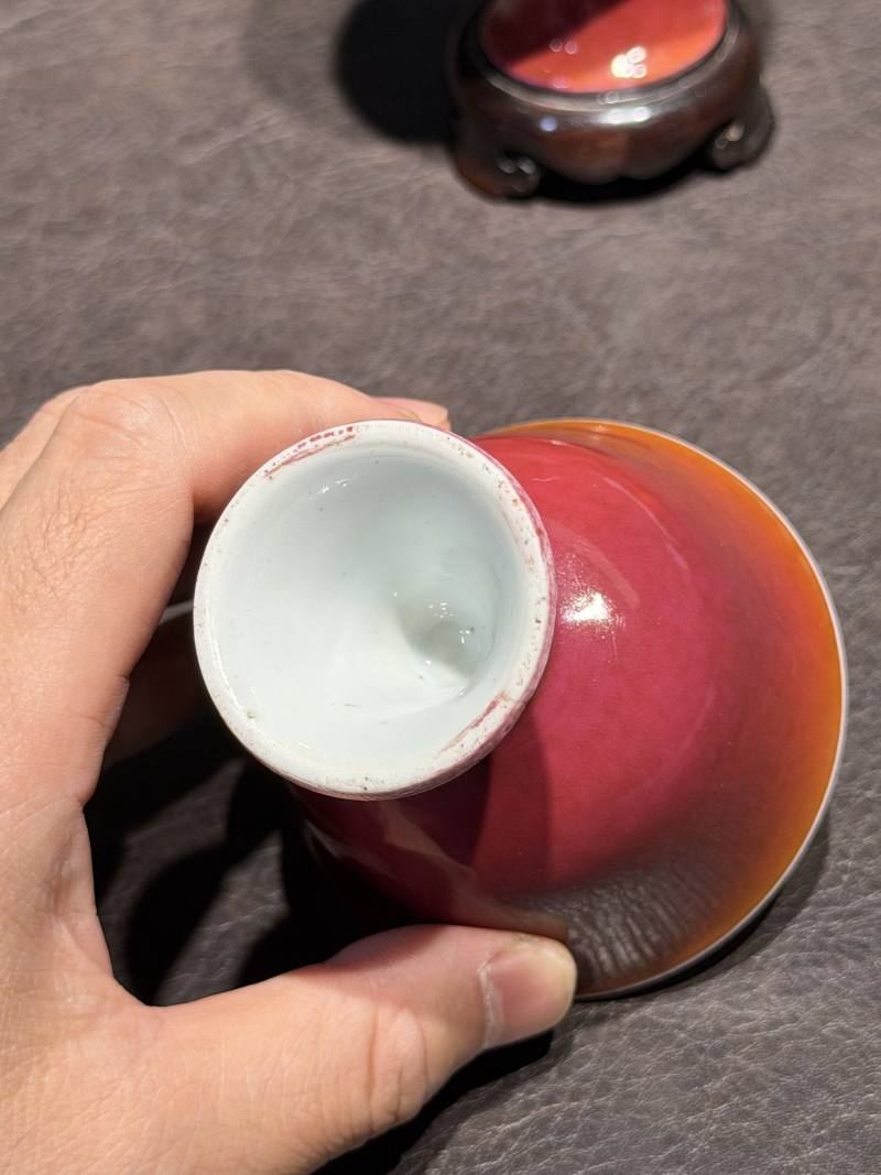 清雍正 胭脂釉高足杯一对（配木座） - 图14