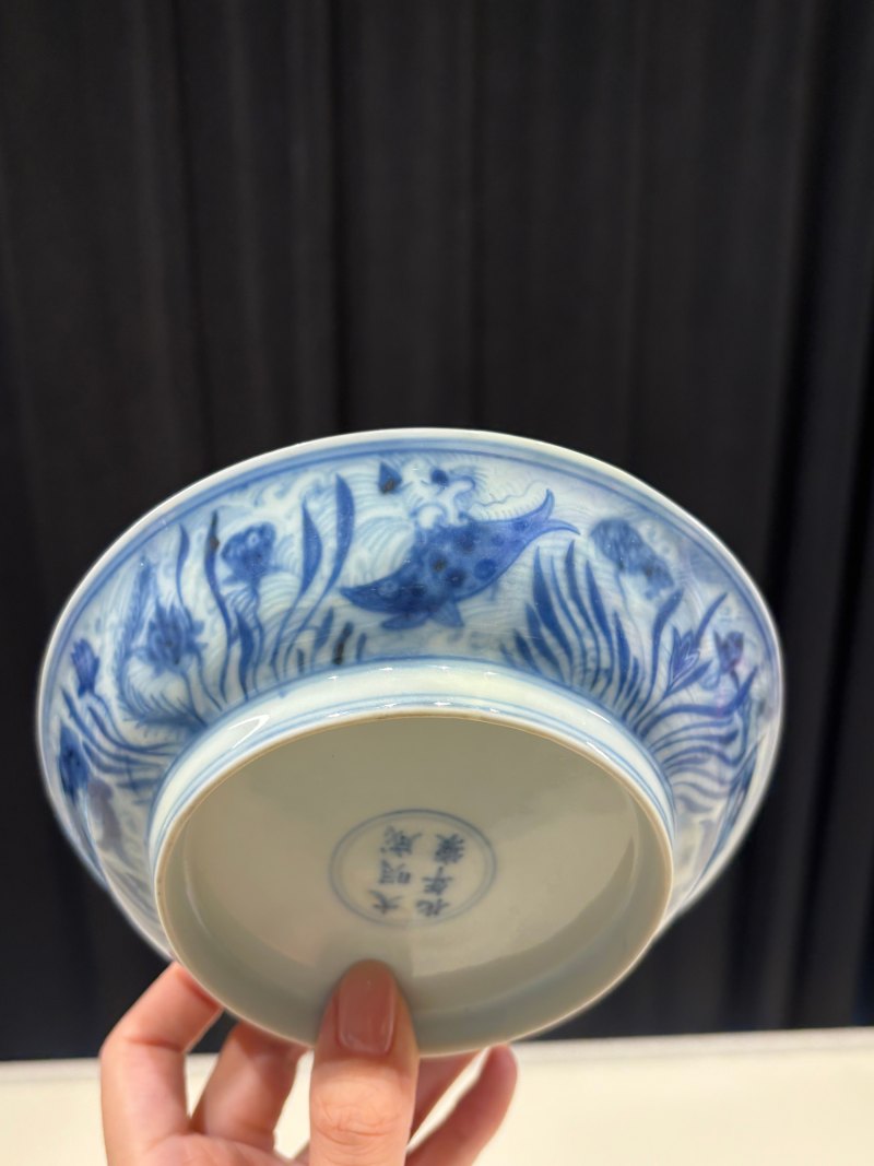 明成化 青花海水鱼藻纹盘 - 图8