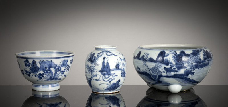 Three porcelains decorated in underglaze blue, including a bowl and incense burner