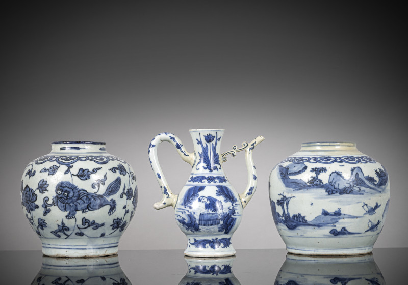 Two porcelain jars and a ewer with underglaze blue decoration