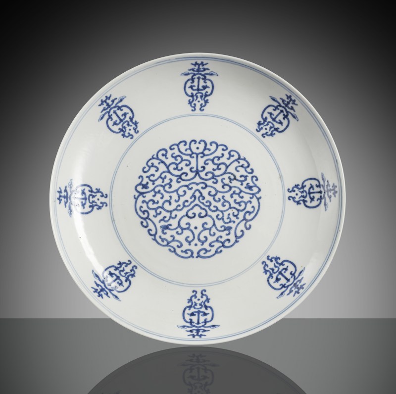 A blue and white stylized 'shou' porcelain dish