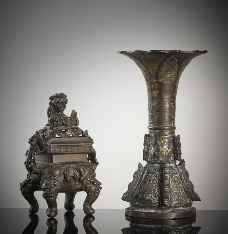 A bronze censer and a part-gilt 'gu'-shaped bronze vase - 图2