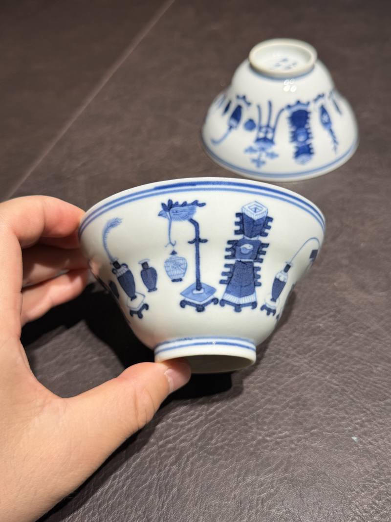 清光绪 青花清供图折腰杯一对 - 图5