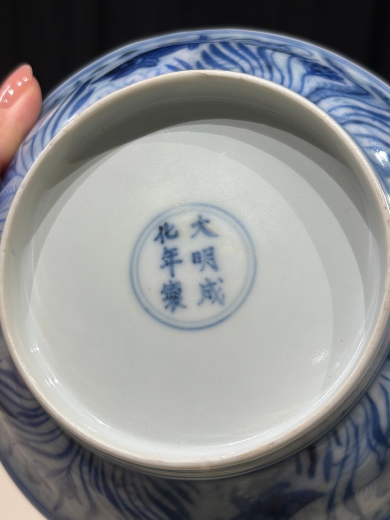 明成化 青花海水鱼藻纹盘 - 图10