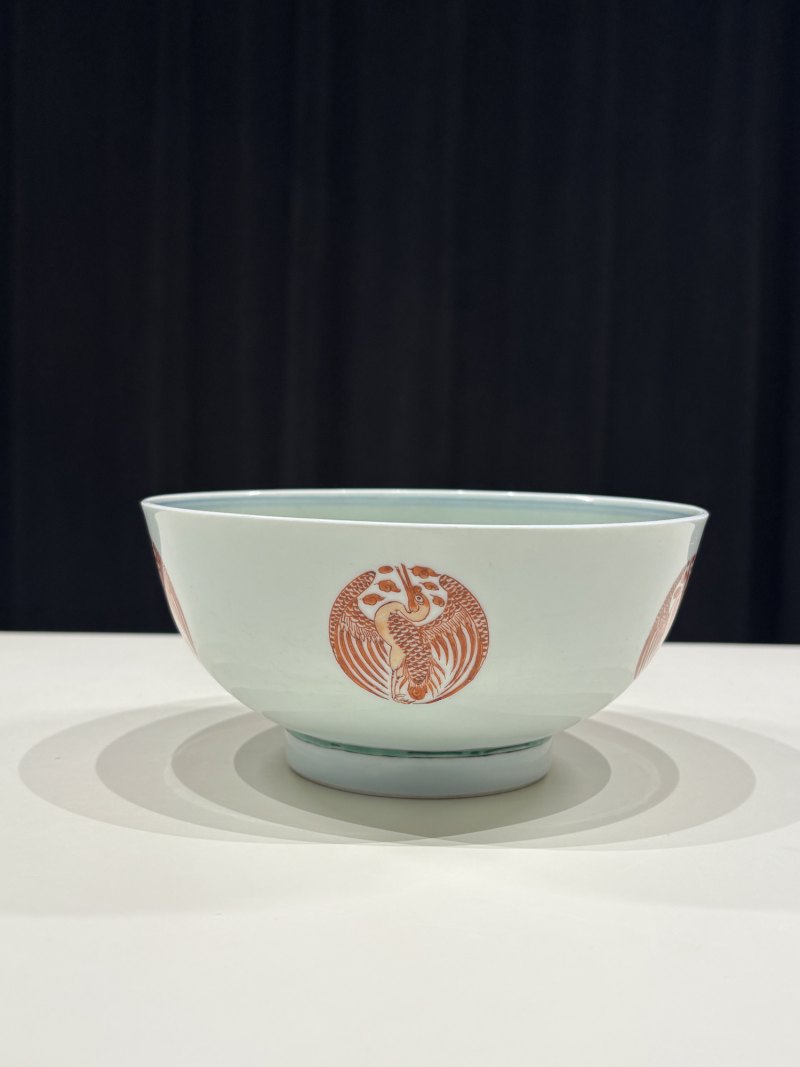 清康熙 青花釉里红外团鹤内青釉海天浴日图碗 - 图4