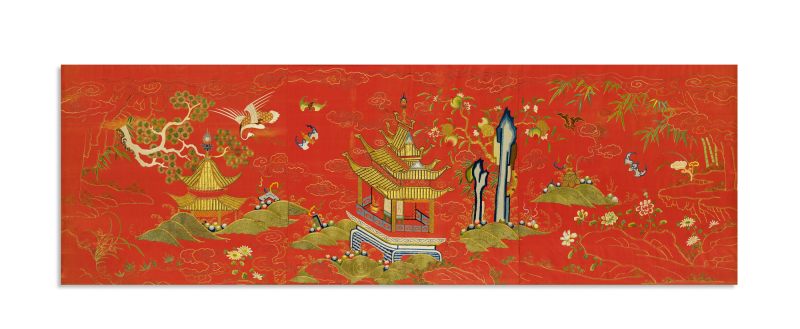 清乾隆·红缎地钉金彩绣瑶池仙境挂屏
