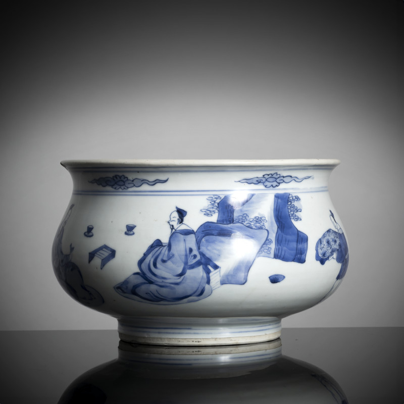 A blue and white porcelain cachepot or incense burner with decoration of scholars