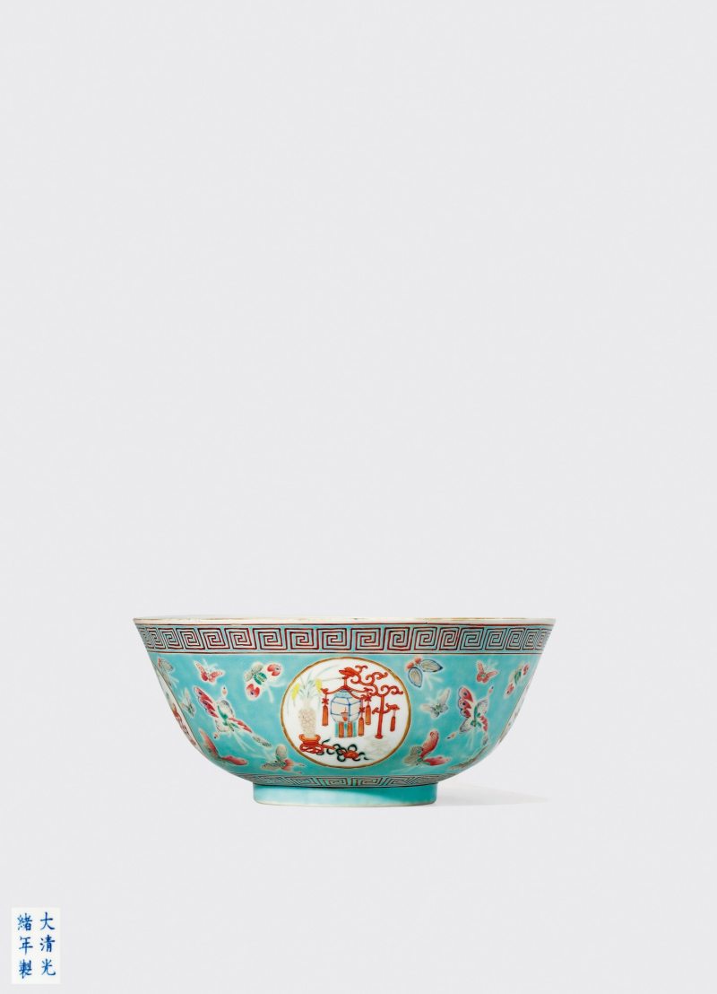 清光绪·松石绿地粉彩开光“五谷丰登”图碗