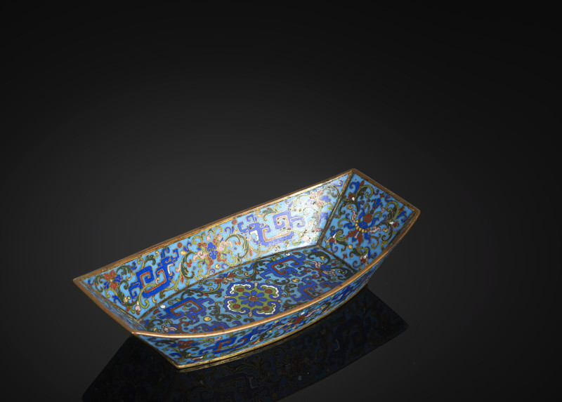 A cloisonné-enamelled bowl in the shape of an ingot with partial fire gilding - 图3