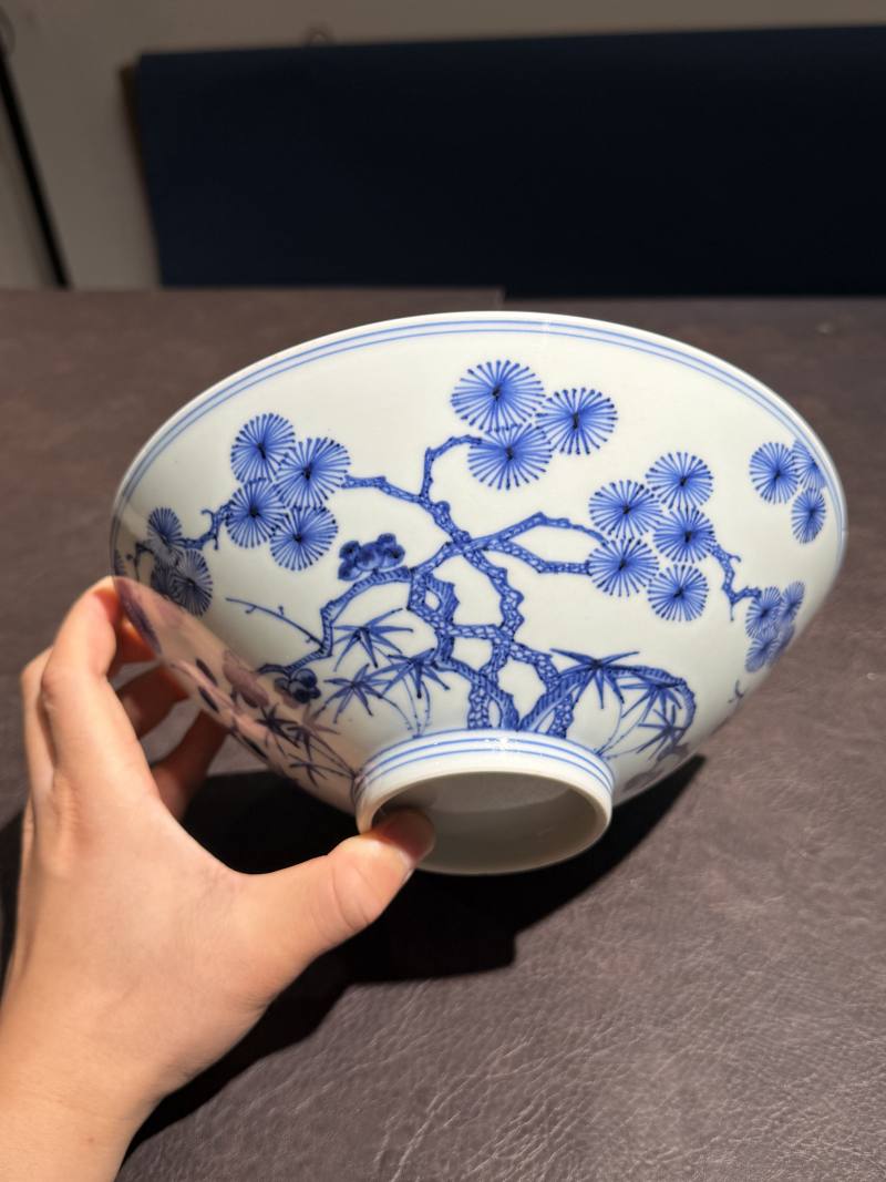 清康熙 仿永乐青花松竹梅斗笠碗 - 图8