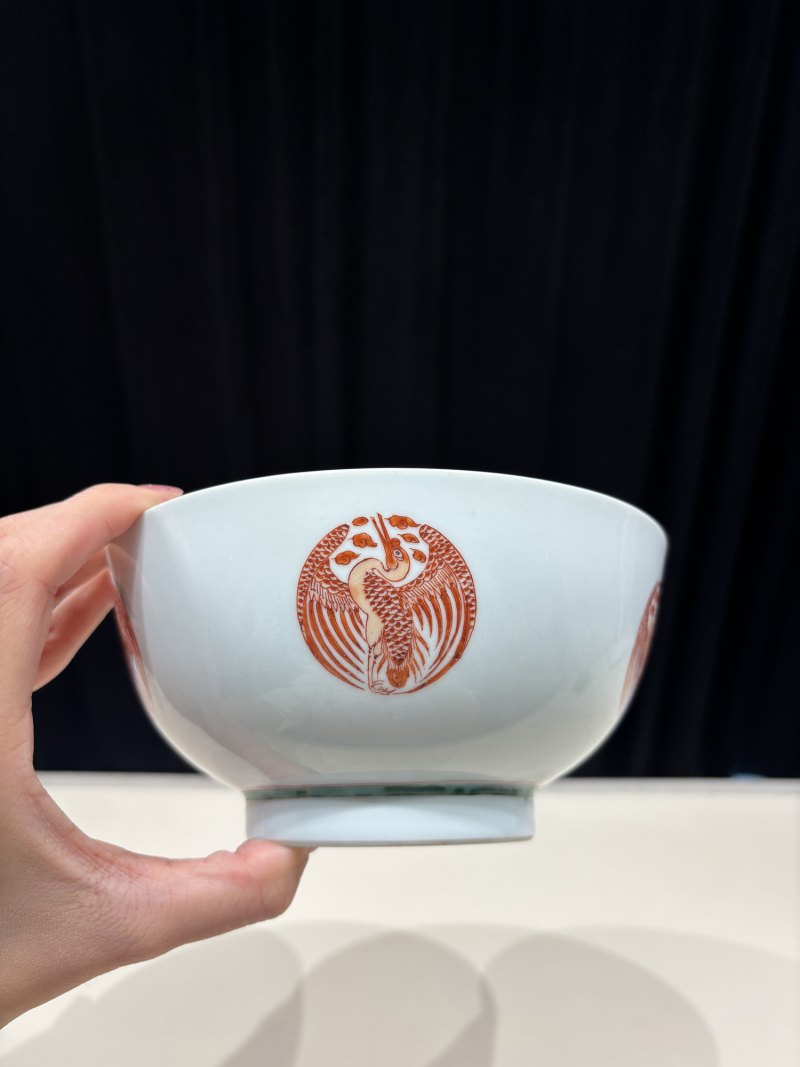清康熙 青花釉里红外团鹤内青釉海天浴日图碗 - 图5
