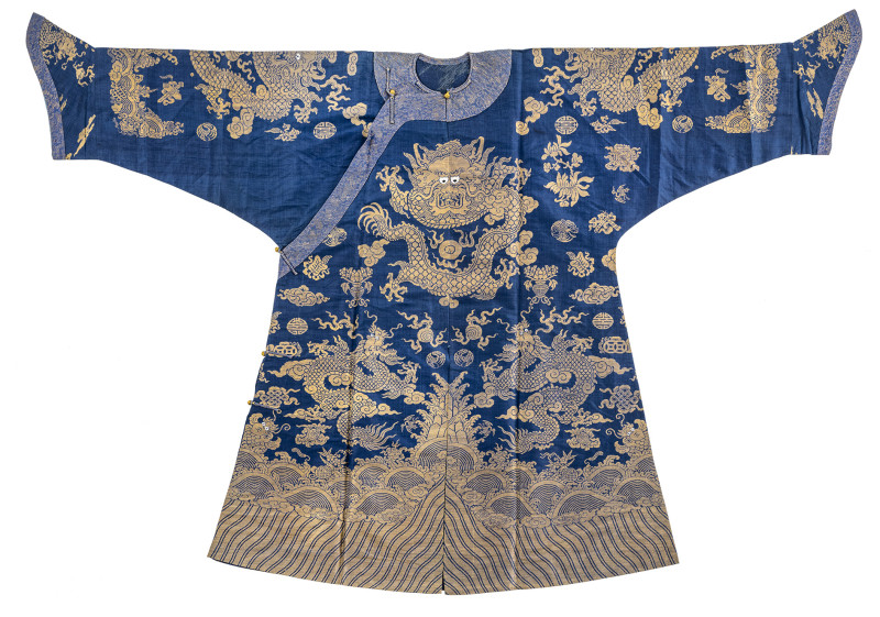 An unlined dragon robe from blue silk with woven patterns
