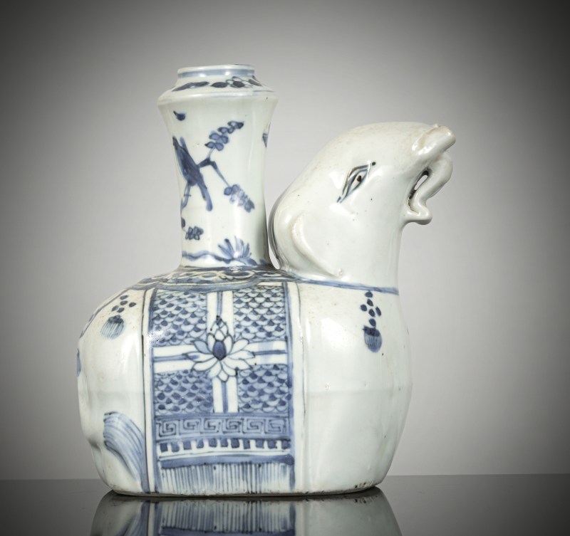 A blue and white decorated porcelain kendi in the shape of an elephant