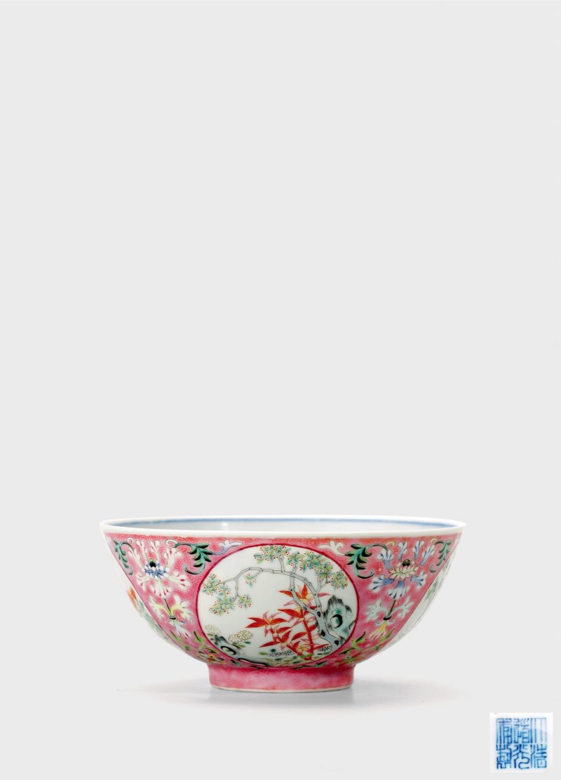 清道光·内青花外藕粉地洋彩开光「丹桂飘香」节令膳碗