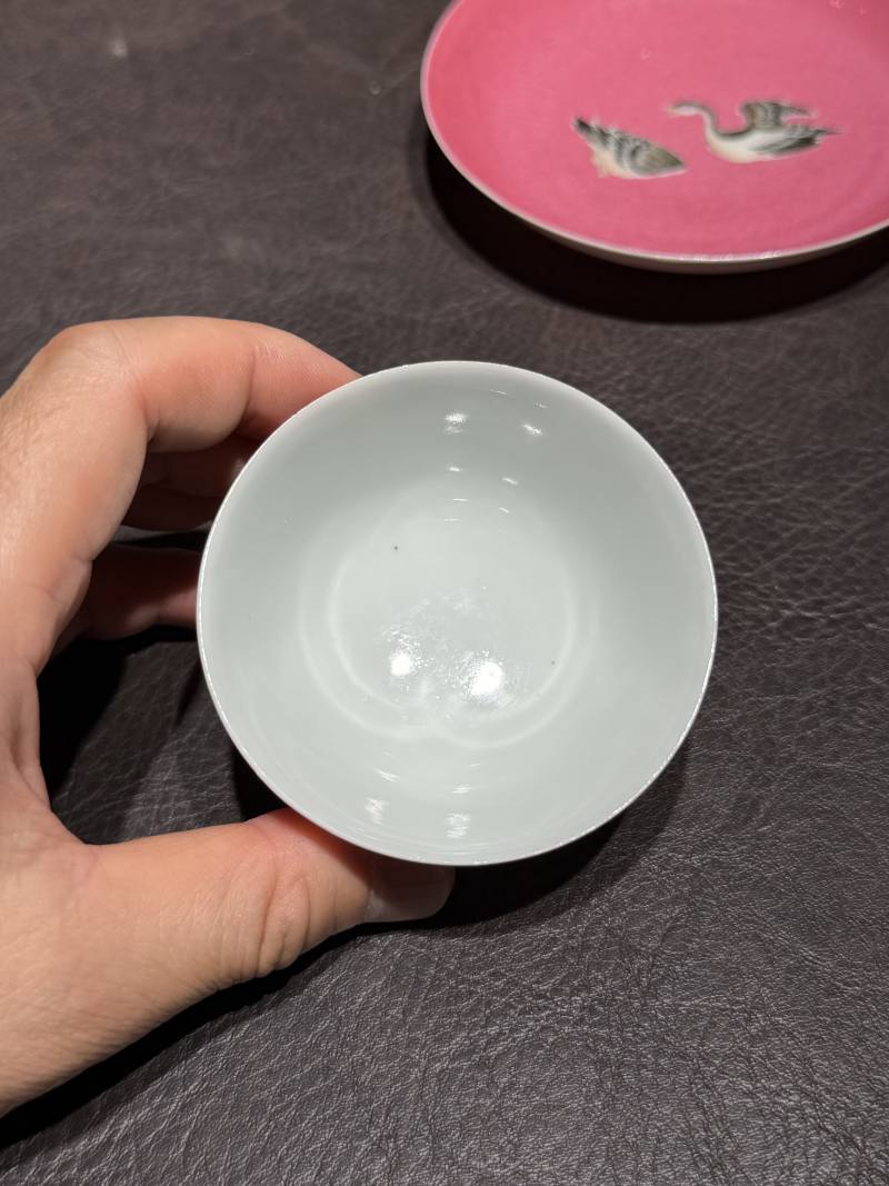清雍正 胭脂水地粉彩芦雁图杯碟一套 - 图6