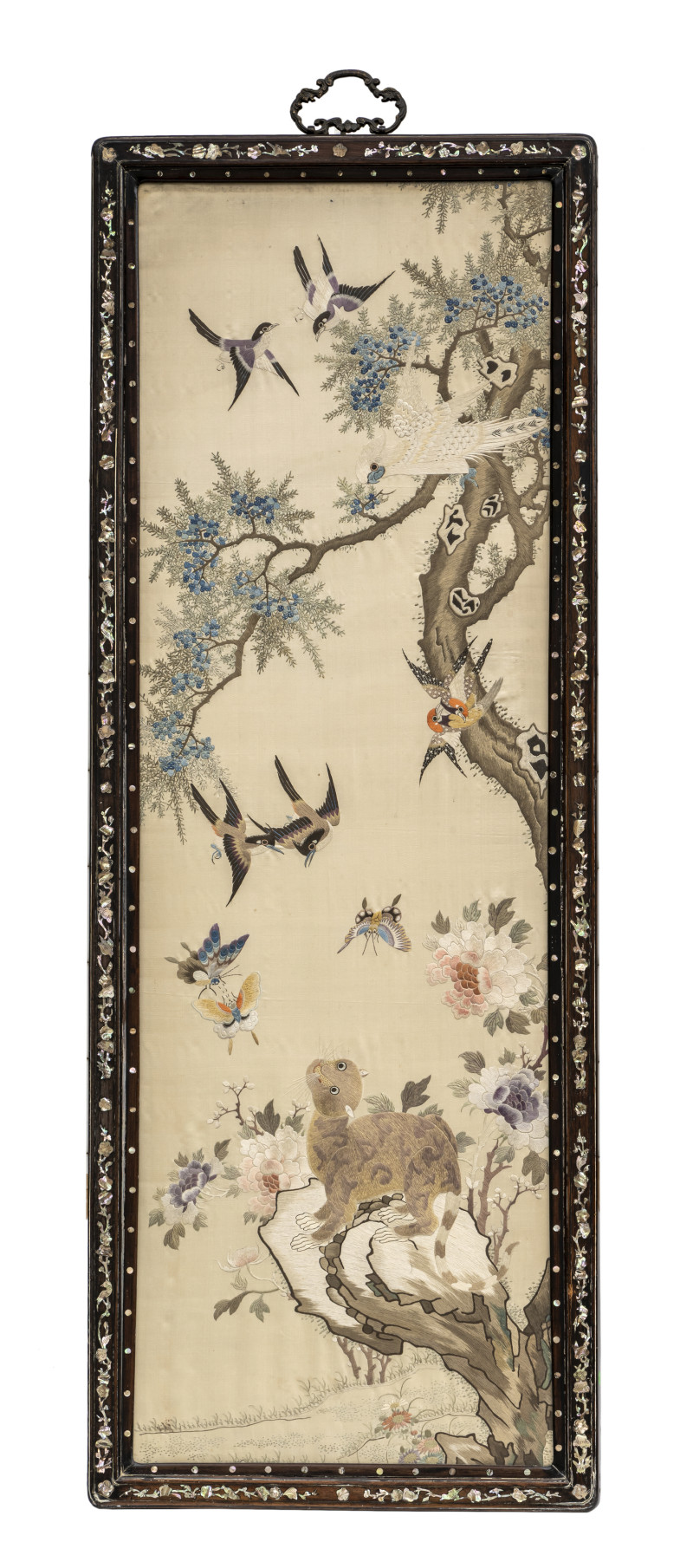Three fine silk embroideries depicting vivid scenes with rams, pheasants, horses, a cat, birds and butterflies
