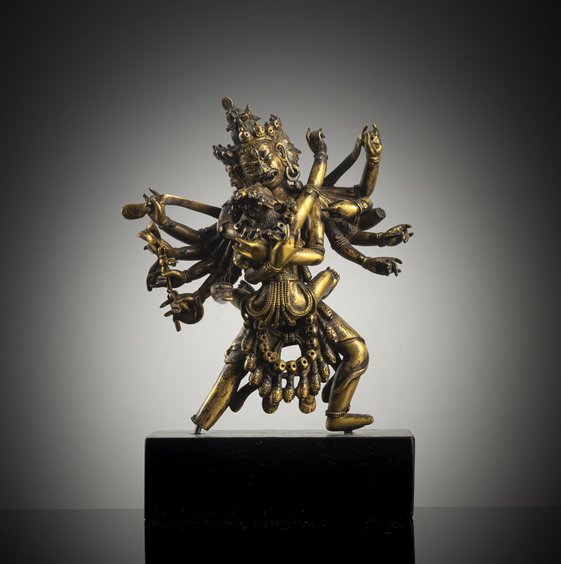A fire-gilt bronze of Cakrasamvara in yab-yum with attributes