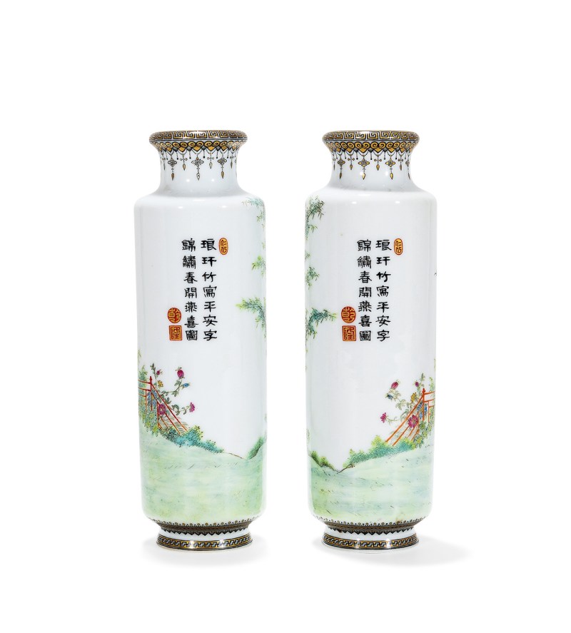 民国 叶震嘉绘珐琅彩仕女图筒瓶一对 - 图4