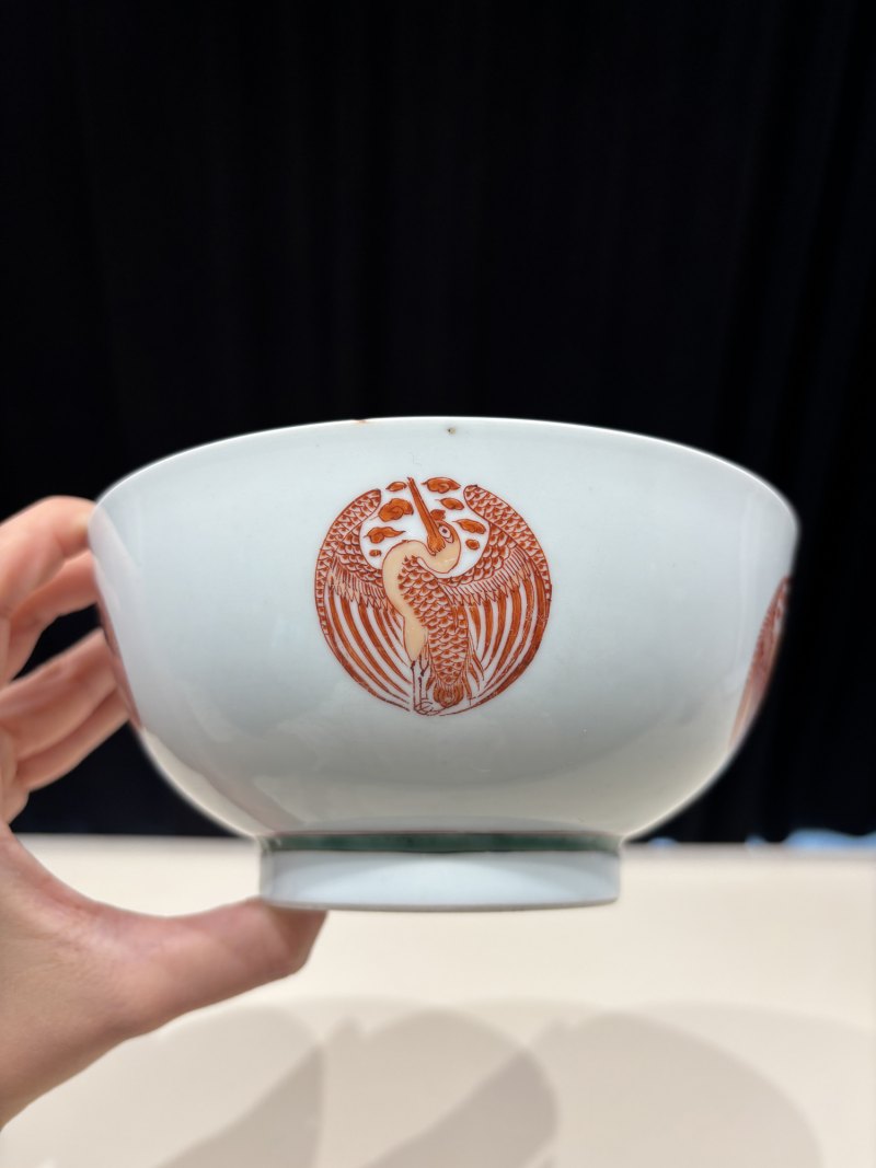 清康熙 青花釉里红外团鹤内青釉海天浴日图碗 - 图7