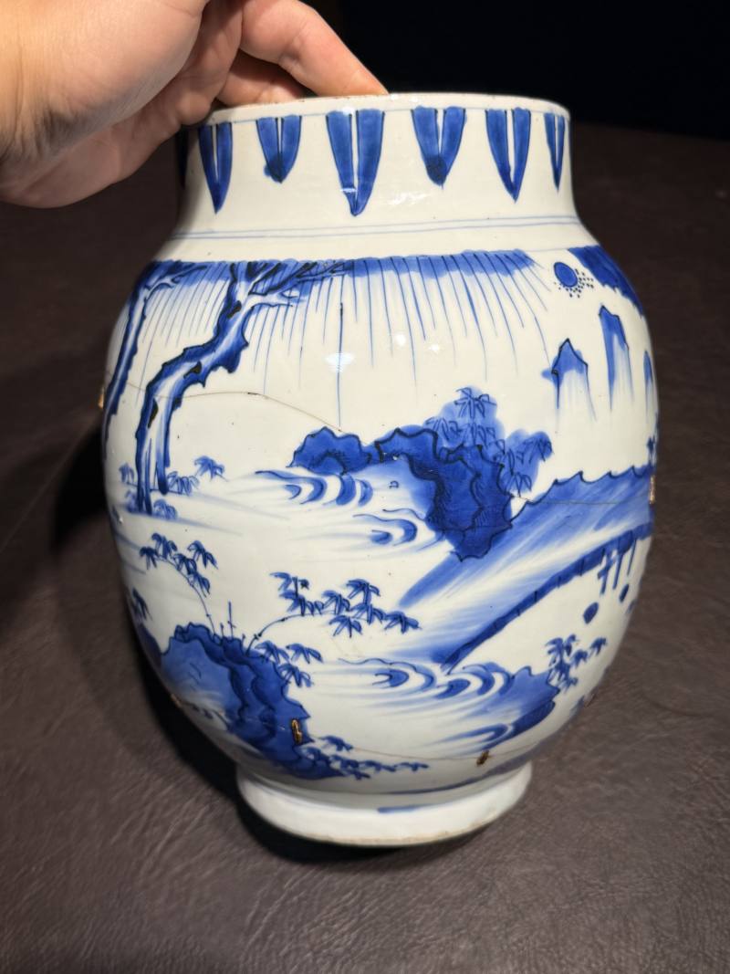 明崇祯 青花高士图莲子罐 - 图9
