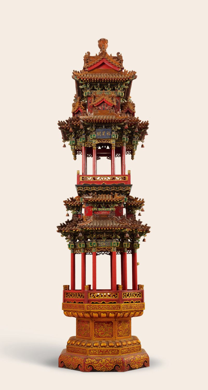 清·木髹红漆描金多层“福星阁”塔式佛龛