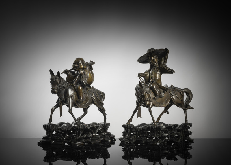 A RARE PAIR OF INCENSE BURNERS DEPICTING SHOU LAO AND LAO TZE