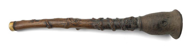 A rootwood opium pipe with trumpet-shaped pottery bowl