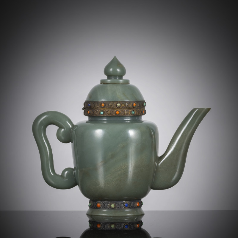 A metal-mounted and gemstone-inset jade teapot