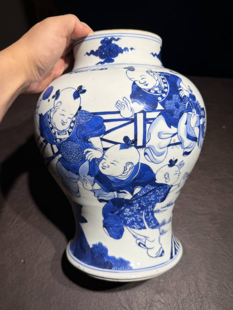 清康熙 青花婴戏图大罐 - 图4