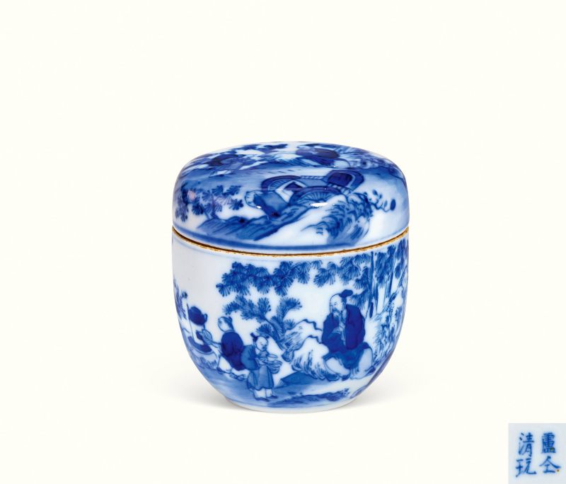 清中晚期 青花“卢仝清玩”烹茶图小茶叶罐