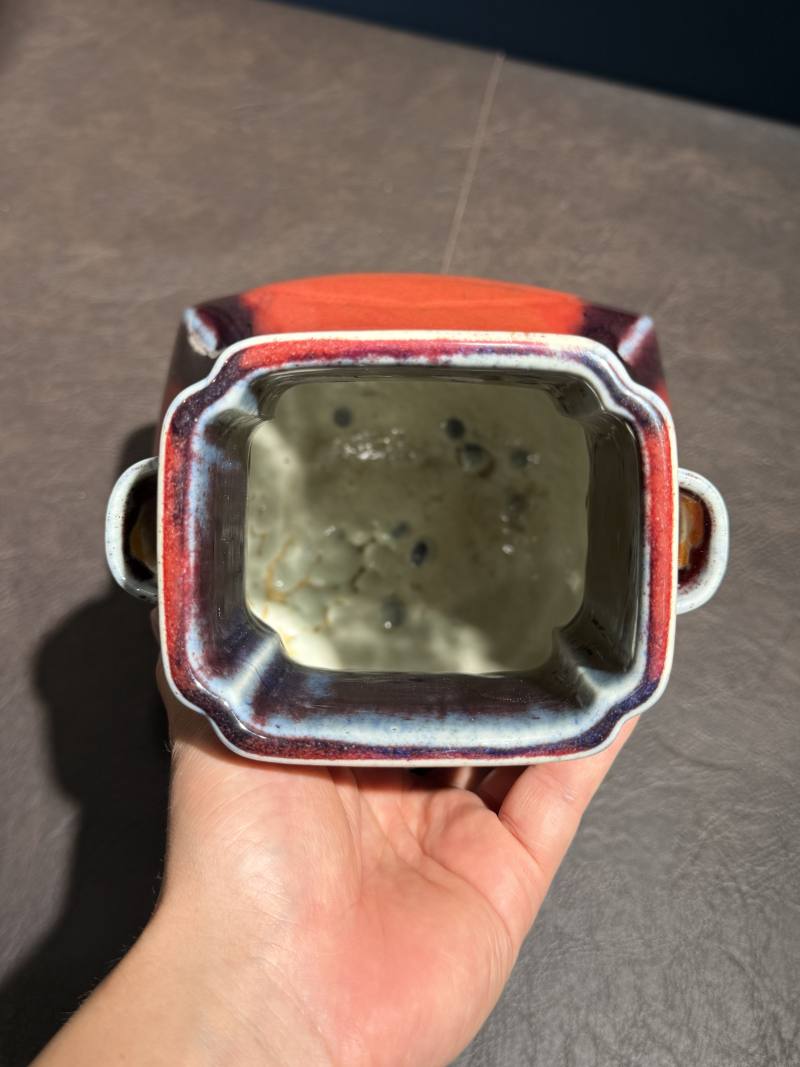 清光绪 窑变釉贯耳瓶（带木座） - 图13