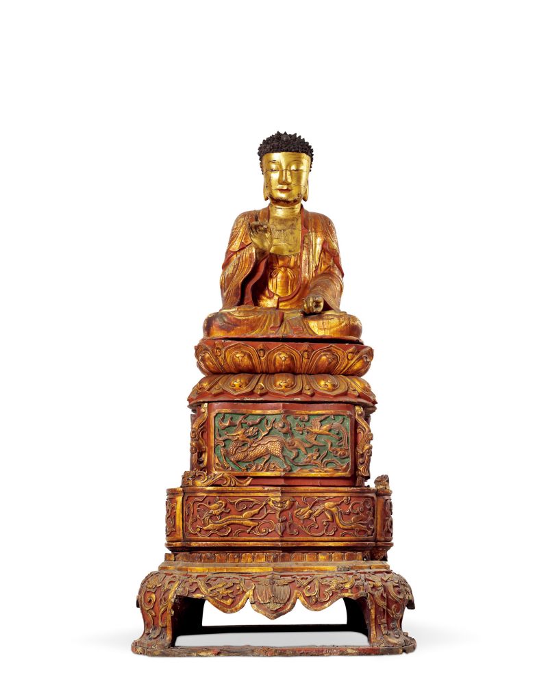 清·木胎漆金释迦坐像连座