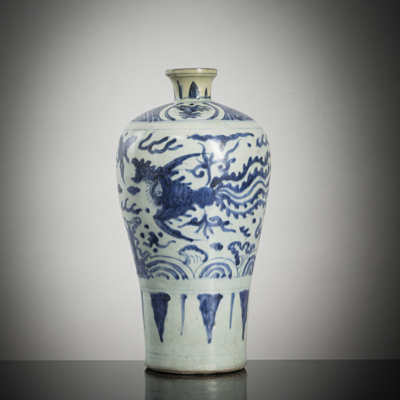 An underglaze blue decorated meiping with phoenix decoration above waves