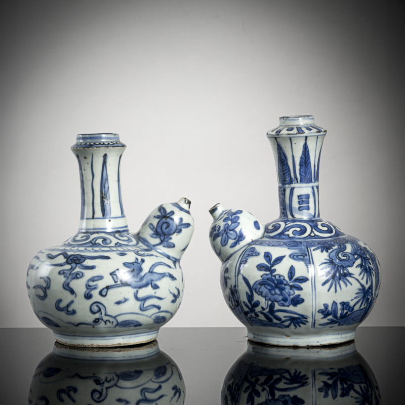 Two underglaze blue decorated kendi, one decorated in the Kraak style