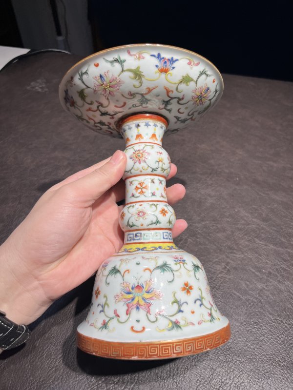 清乾隆 洋彩描金缠枝宝相花觚式供盘一对 - 图9