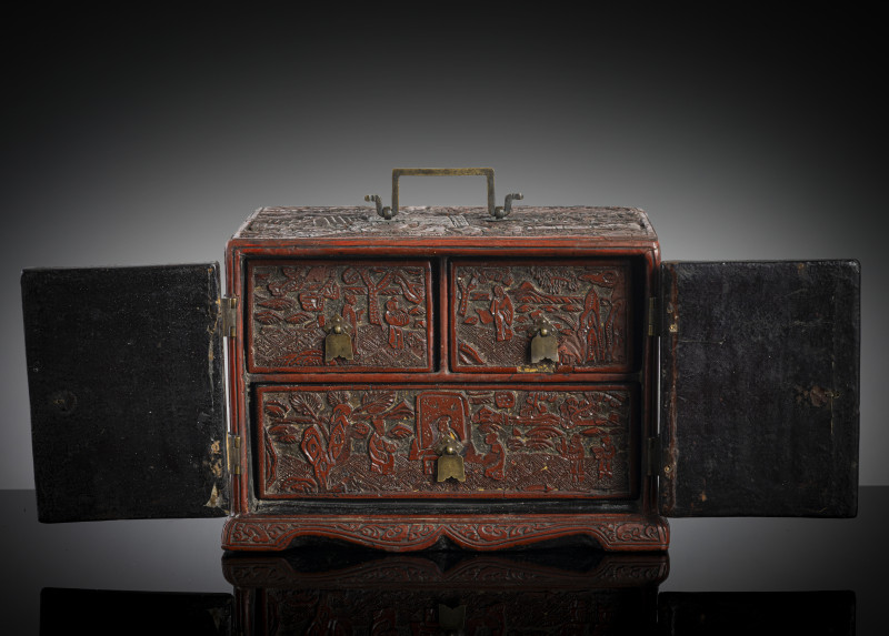 A miniature cinnbar lacquer cabinet with three drawers inside - 图2