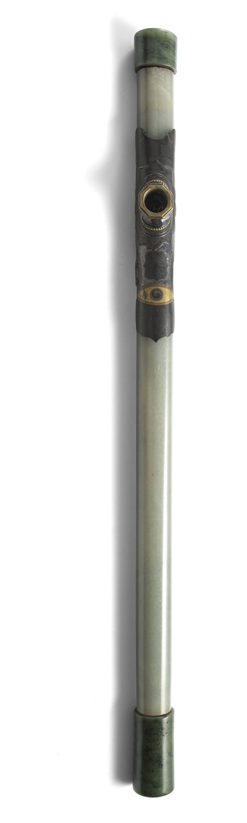 A fine opium pipe in two-tone jade with multicoloured metal and silver fittings
