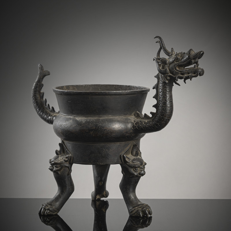 Ann unusual bronze censer on three feet with dragon handles