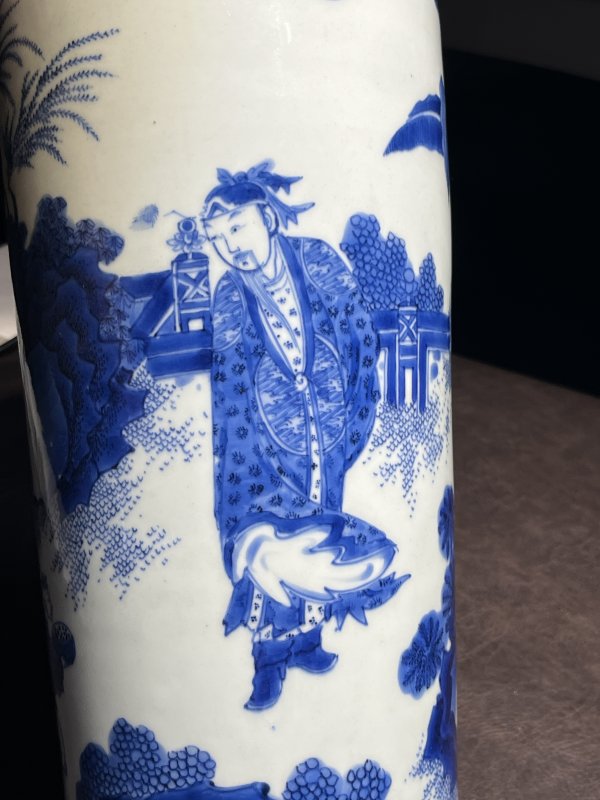 明崇祯 青花“张仙送子”人物故事图筒瓶 - 图13
