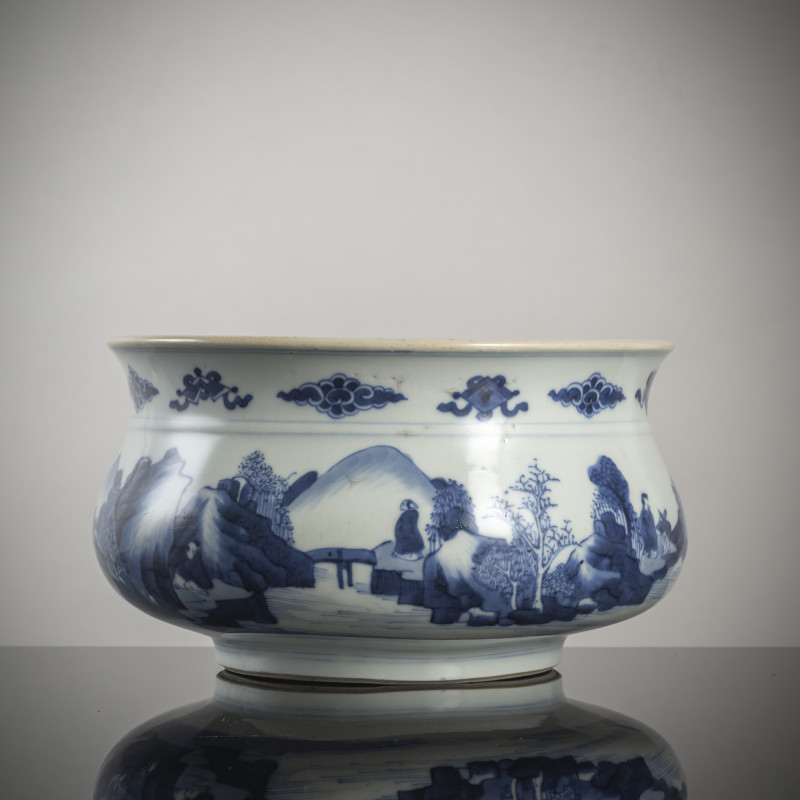 A blue and white porcelain censer with scholars and landscape decoration