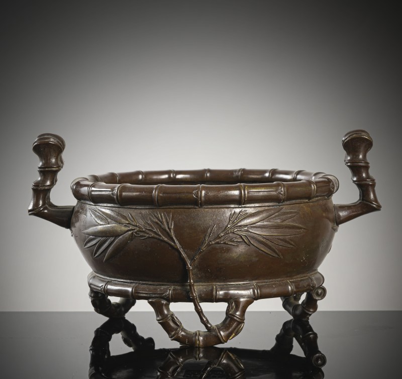 A well cast bronze incense burner with bamboo decoration in relief