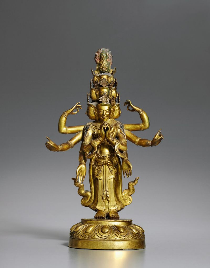 清·铜鎏金十一面观音立像